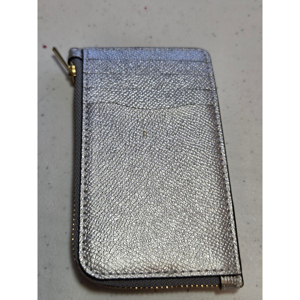 Coach Metallic Silver Leather Zip Card Case Coin Purse Wallet - Picture 3 of 6